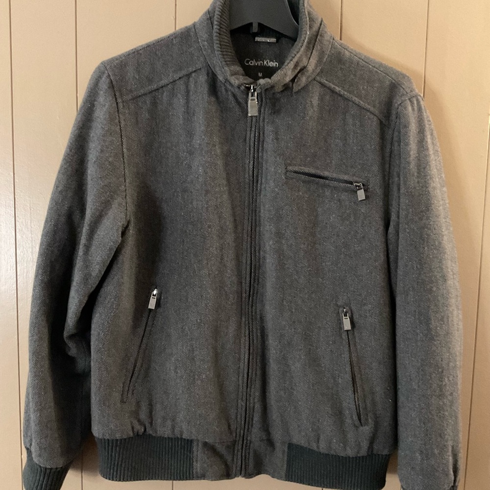 CALVIN KLEIN WOOL BOMBER JACKET GRAY MEN’S SIZE MED LINED ZIP FRONT AND POCKETS